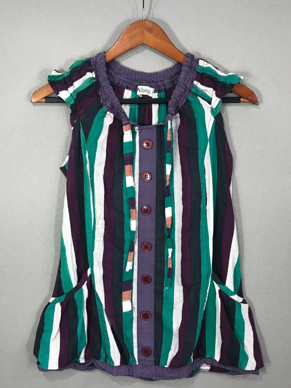 Albina Top Women's Medium Purple Green Striped Popover Blouse Sleeveless Pockets